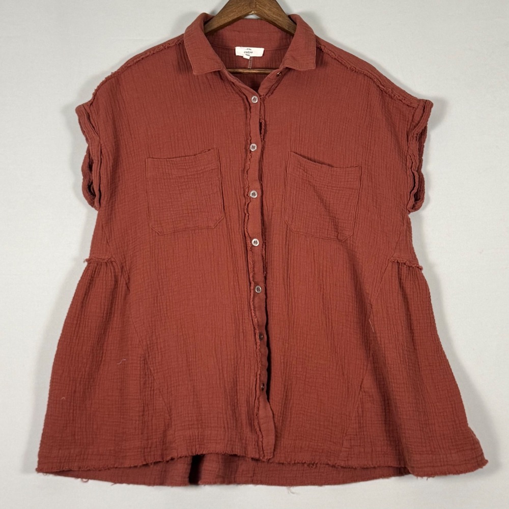 Entro Babydoll Top Womens Large Rust Orange Cotton Gauze Raw Edge Excellent